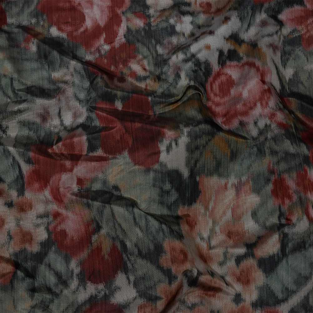 Italian Goth Red, Green and Gray Warp Printed Rose Garden Polyester Faille Italian Goth Red, Green and Gray Warp Printed Rose Garden Polyester Faille