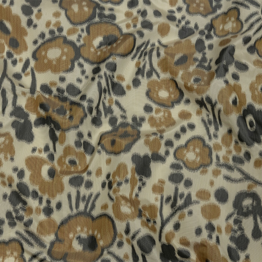 Italian Tan, Beige and Basalt Floral Warp Printed Polyester Faille Italian Tan, Beige and Basalt Floral Warp Printed Polyester Faille