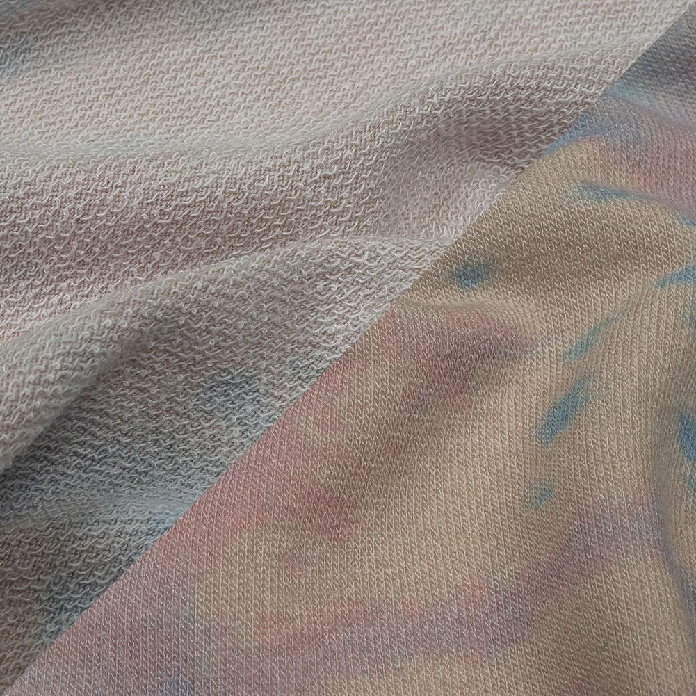 Beige, Blue and Pink Tie Dye Stretch Polyester and Rayon French Terry