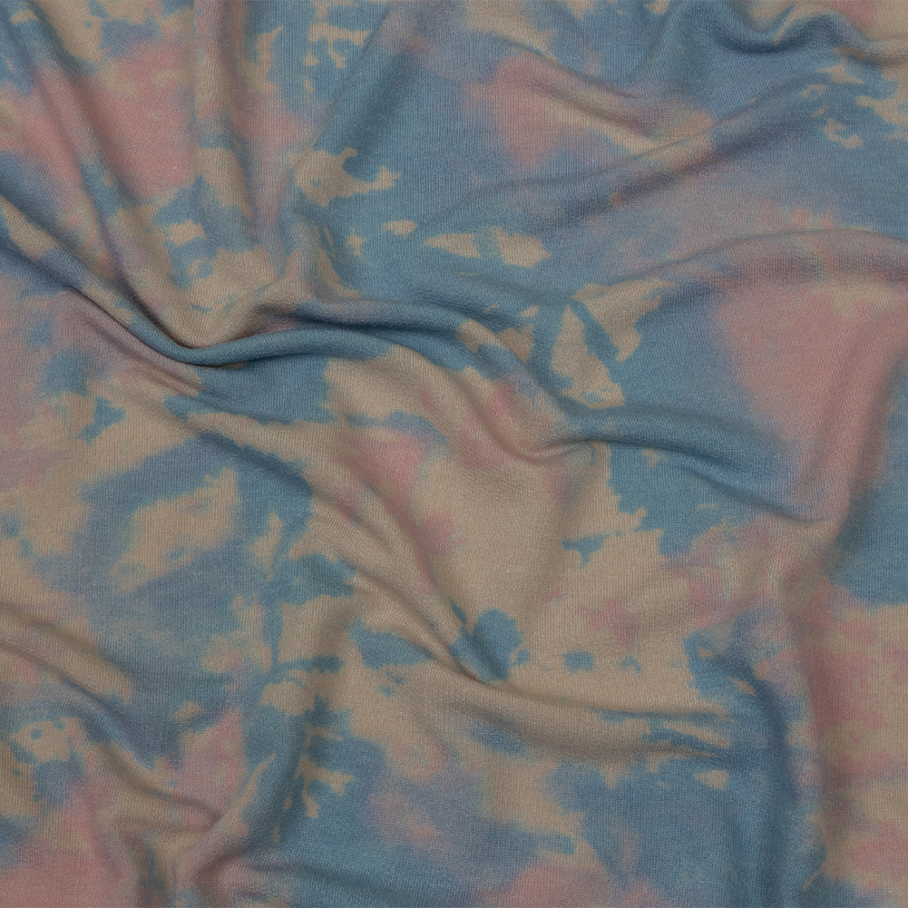 Beige, Blue and Pink Tie Dye Stretch Polyester and Rayon French Terry Beige, Blue and Pink Tie Dye Stretch Polyester and Rayon French Terry