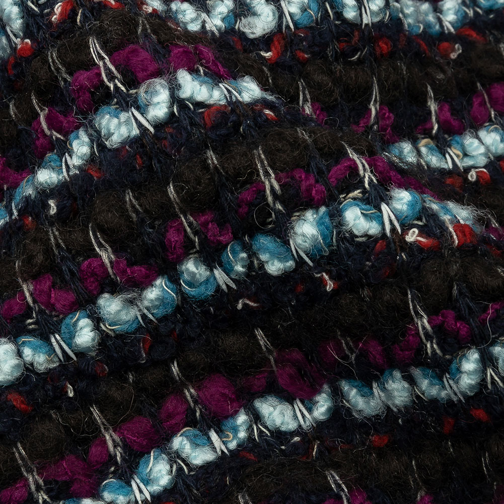 Navy, Sky Blue and Red Violet Striped Boucle Chunky Wool Sweater Knit