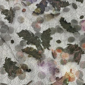 Olive, Purple and Gold Flowers and Leaves Printed Metallic Webbing with Organza Circle Appliques Olive, Purple and Gold Flowers and Leaves Printed Metallic Webbing with Organza Circle Appliques