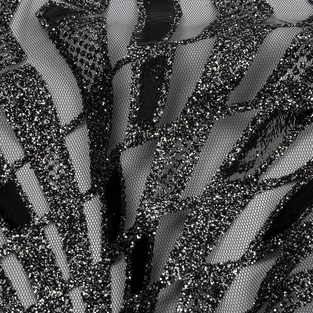 Geometric Feathers Glitter Tulle – Black and Silver Geometric Feathers Glitter Tulle – Black and Silver
