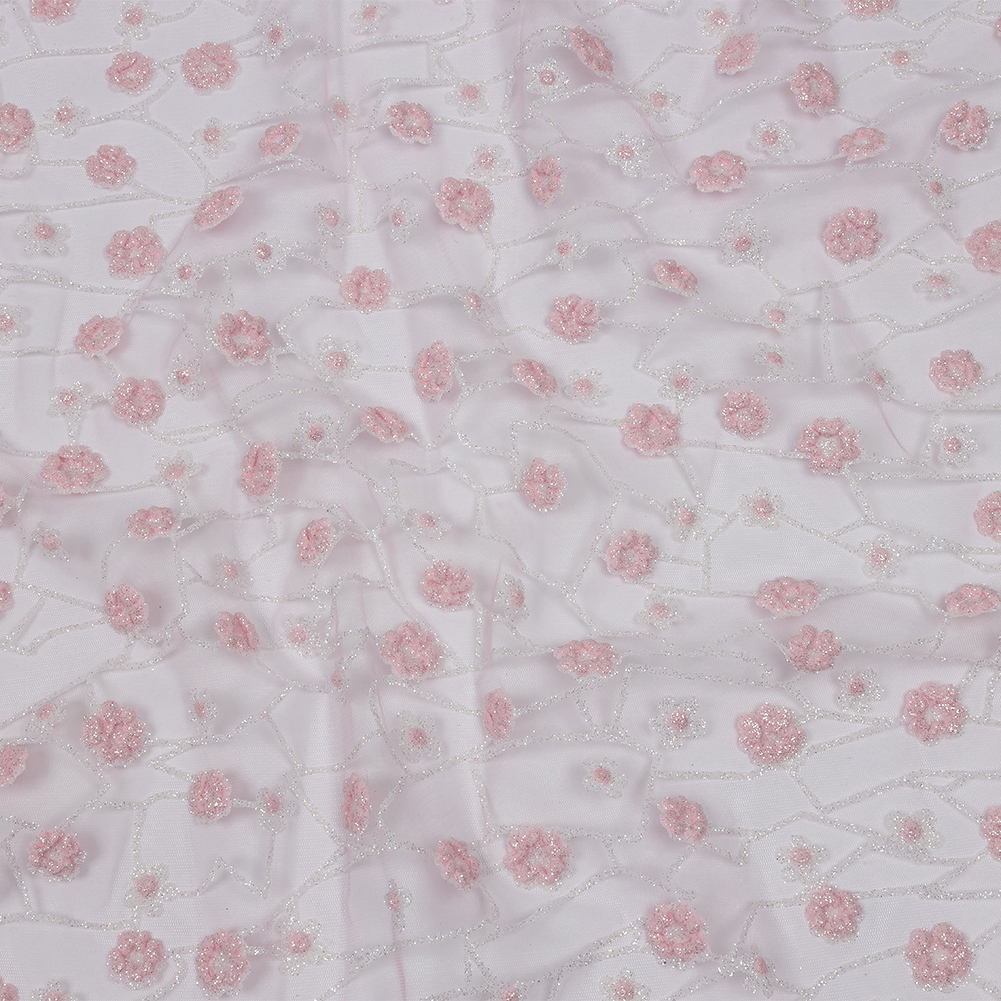 3D Puffy Glitter Tulle – Baby Pink and White Flowers and Geometric Stems 3D Puffy Glitter Tulle – Baby Pink and White Flowers and Geometric Stems