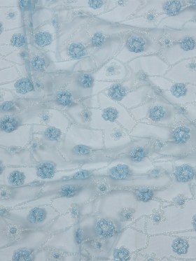 3D Puffy Glitter Tulle – Baby Blue and White Flowers and Geometric Stems 3D Puffy Glitter Tulle – Baby Blue and White Flowers and Geometric Stems