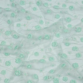3D Puffy Glitter Tulle – Mint and White Flowers and Geometric Stems 3D Puffy Glitter Tulle – Mint and White Flowers and Geometric Stems
