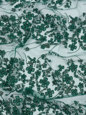 3D Puffy Glitter Tulle – Dark Emerald and Black Floral Stripes 3D Puffy Glitter Tulle – Dark Emerald and Black Floral Stripes