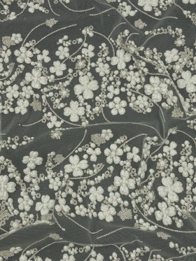 3D Puffy Glitter Tulle – Off White and Silver Floral Stripes 3D Puffy Glitter Tulle – Off White and Silver Floral Stripes