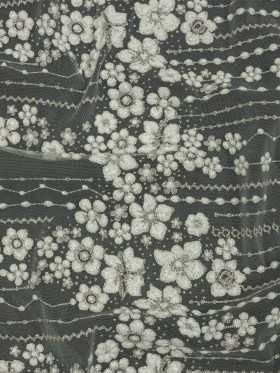 3D Puffy Glitter Tulle – White and Silver Dotted Stripes and Floral Border 3D Puffy Glitter Tulle – White and Silver Dotted Stripes and Floral Border