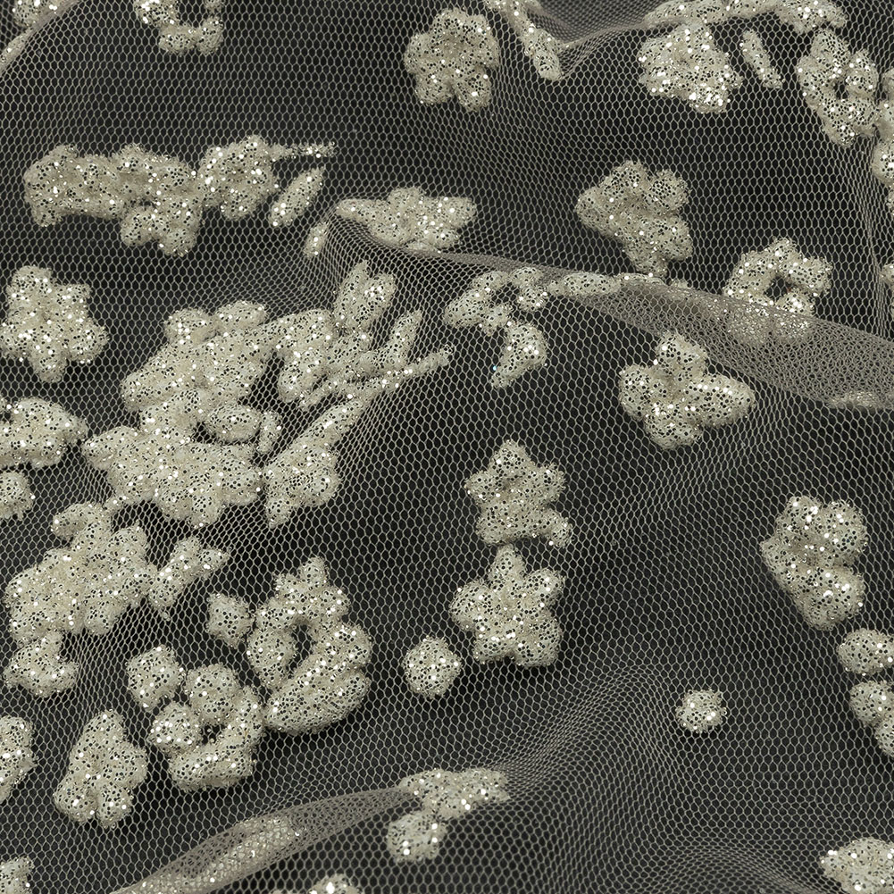 3D Puffy Glitter Tulle – Champagne and White Floral 3D Puffy Glitter Tulle – Champagne and White Floral