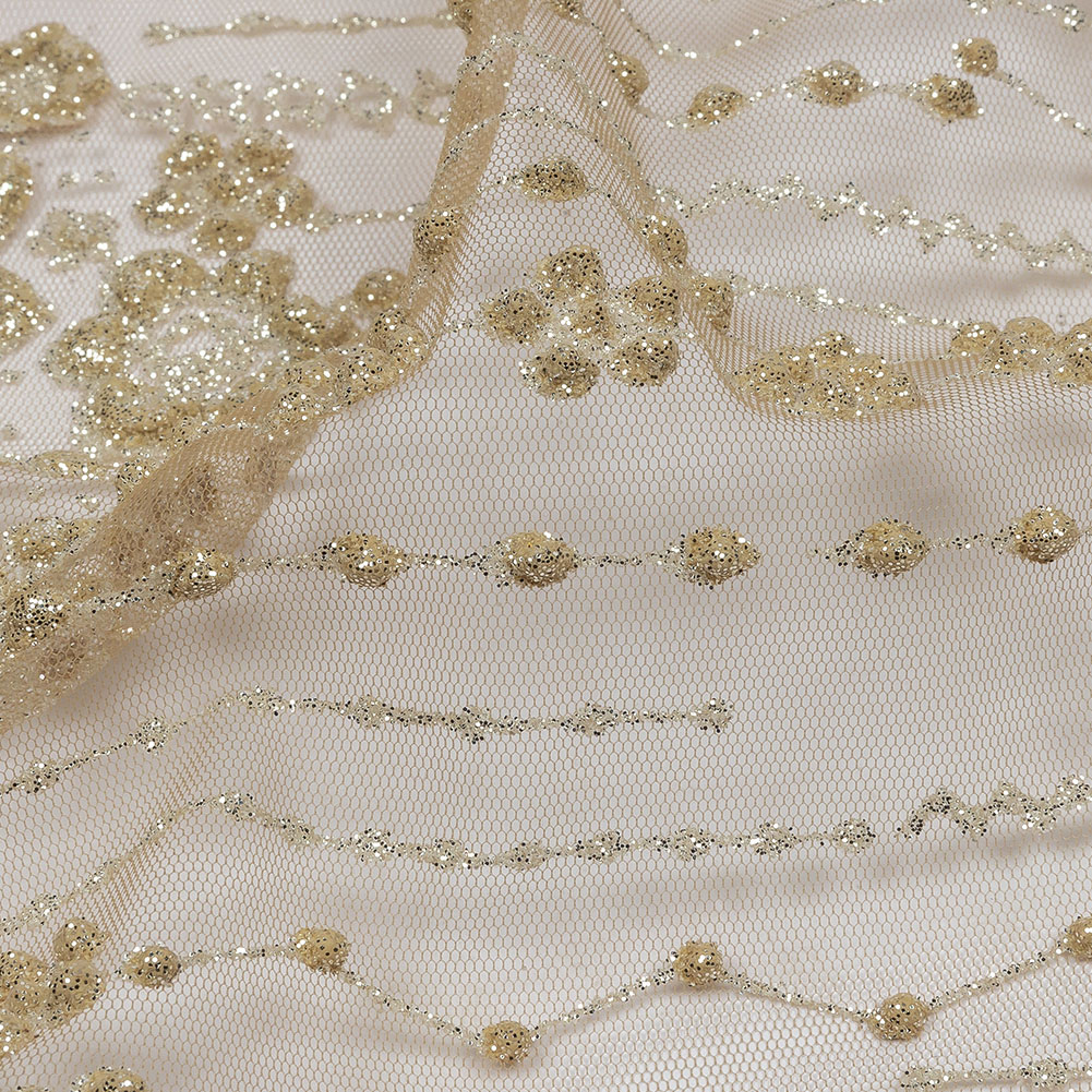 3D Puffy Glitter Tulle – Tan and Silver Dotted Stripes and Floral Border 3D Puffy Glitter Tulle – Tan and Silver Dotted Stripes and Floral Border