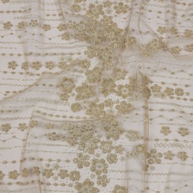 3D Puffy Glitter Tulle – Tan and Silver Dotted Stripes and Floral Border 3D Puffy Glitter Tulle – Tan and Silver Dotted Stripes and Floral Border