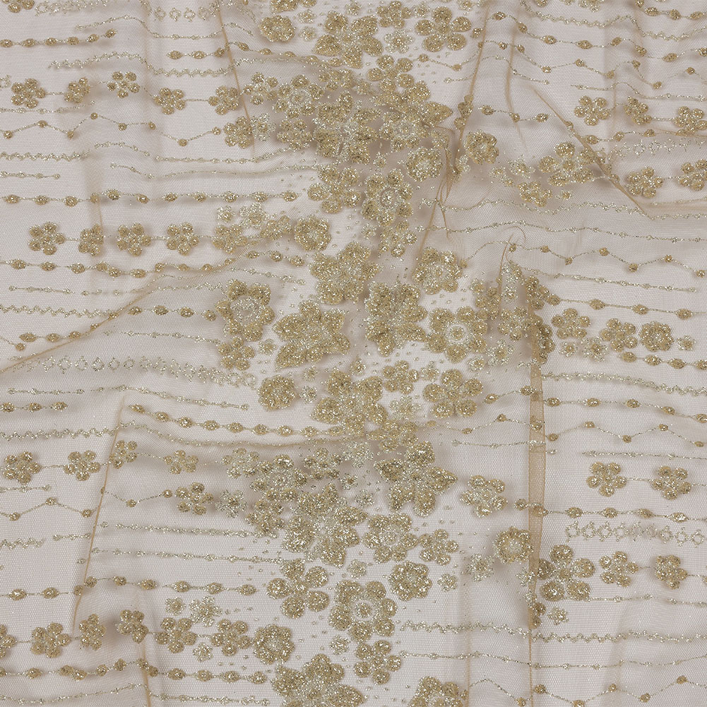 3D Puffy Glitter Tulle – Tan and Silver Dotted Stripes and Floral Border 3D Puffy Glitter Tulle – Tan and Silver Dotted Stripes and Floral Border