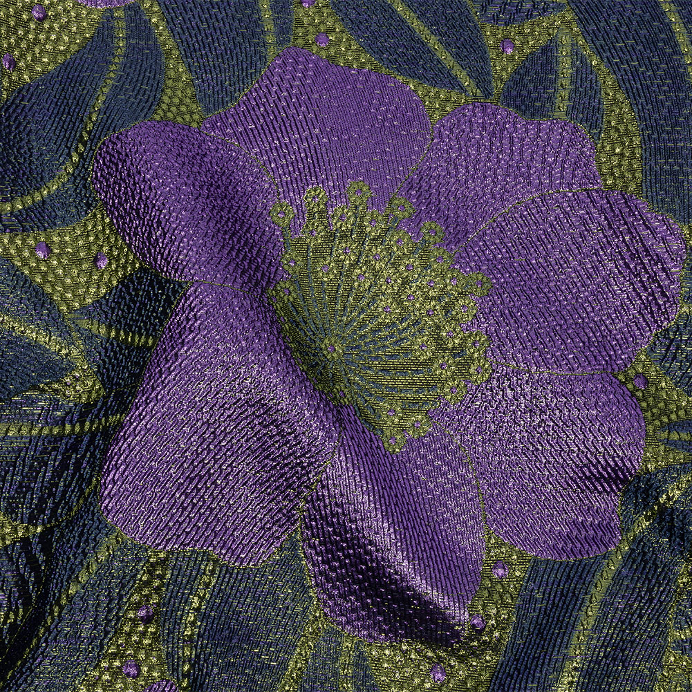 Metallic Navy, Lime and Lavender Tropical Flowers Luxury Brocade Metallic Navy, Lime and Lavender Tropical Flowers Luxury Brocade