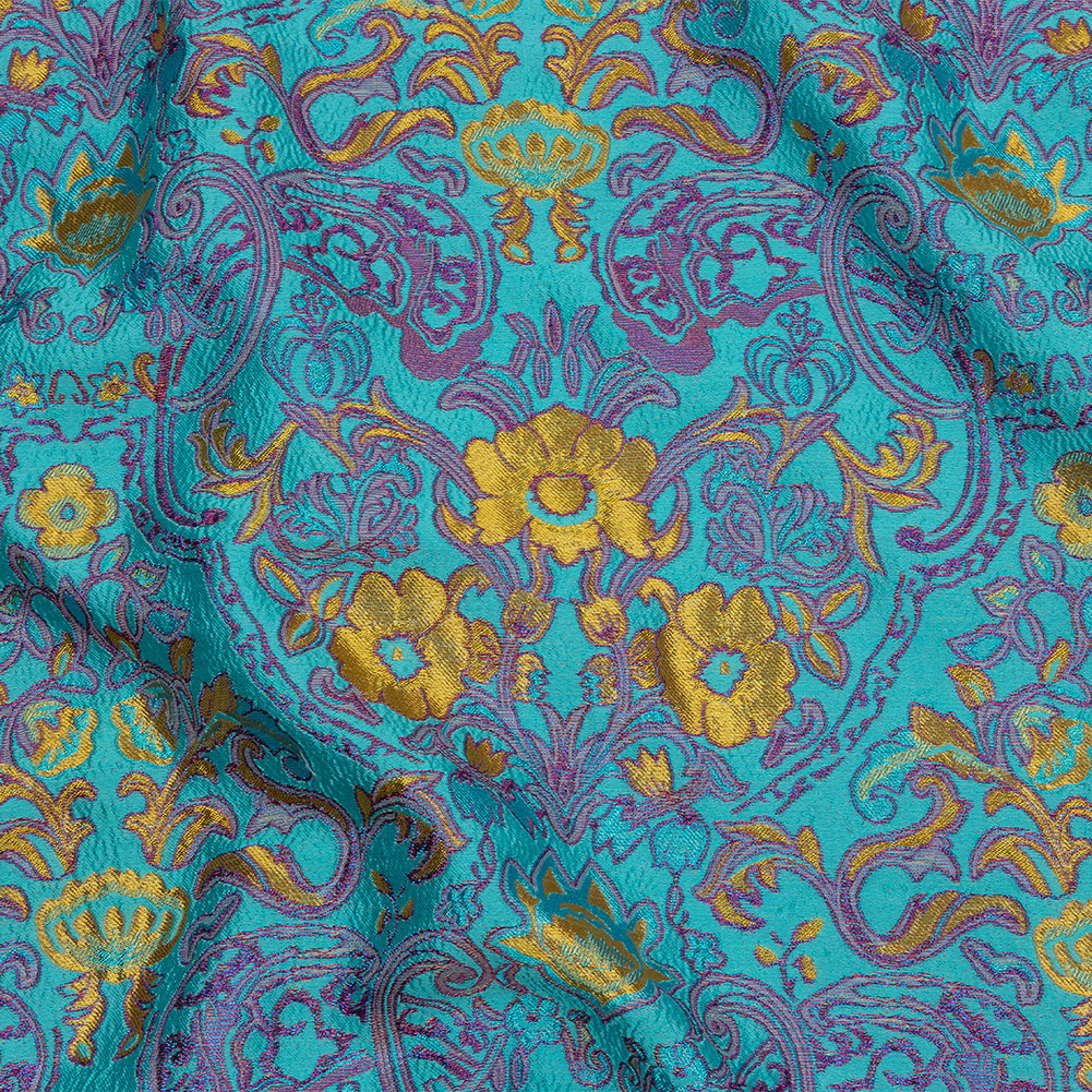 Turquoise, Magenta and Golden Yellow Floral Damask Metallic Luxury Brocade Turquoise, Magenta and Golden Yellow Floral Damask Metallic Luxury Brocade