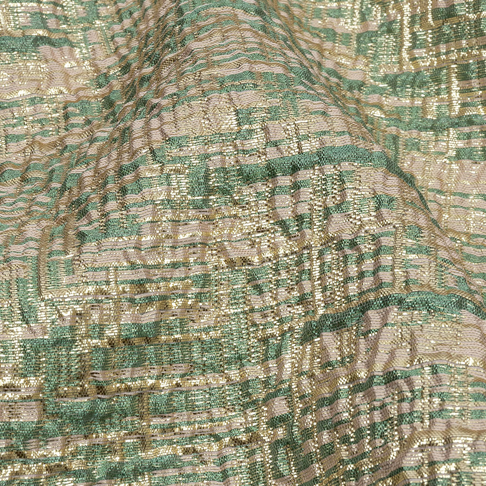 Metallic Gold, Seaglass and Pale Pink Crosshatched Lines Luxury Brocade Metallic Gold, Seaglass and Pale Pink Crosshatched Lines Luxury Brocade