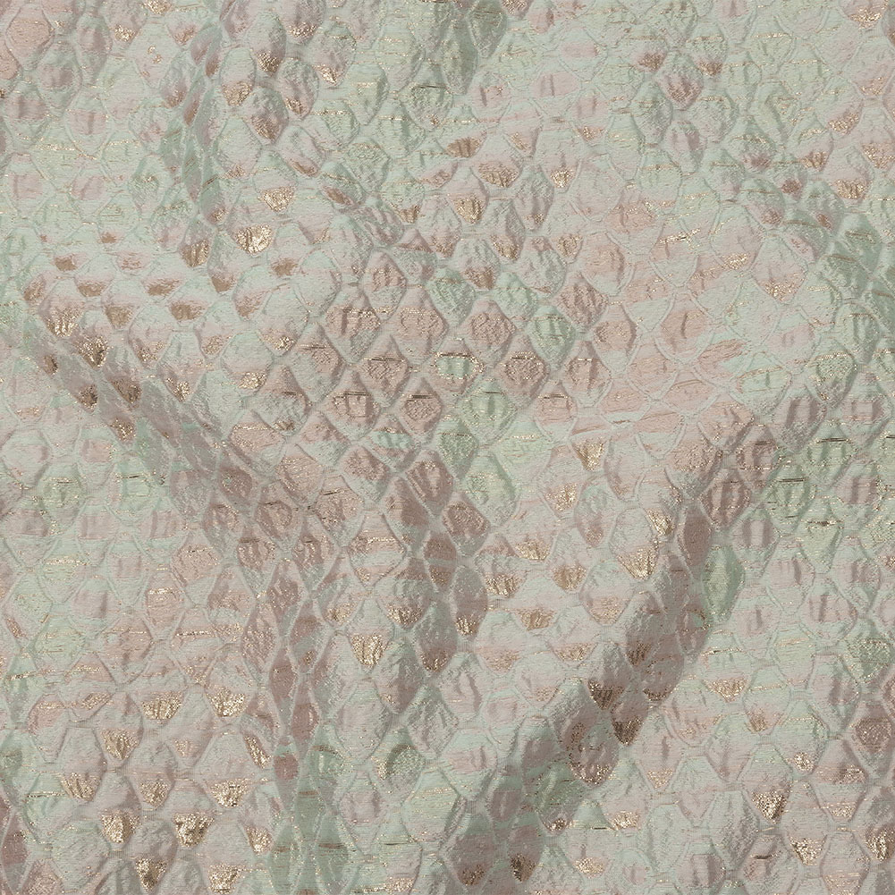 Metallic Gold, Seafoam Blue and Light Pink Abstracted Scales Luxury Brocade Metallic Gold, Seafoam Blue and Light Pink Abstracted Scales Luxury Brocade