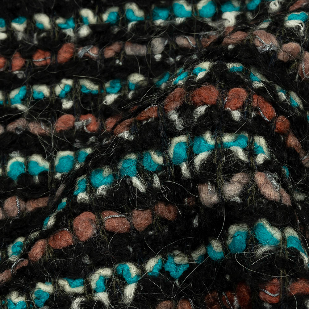 Russet, Turquoise and Black Boucle Stripes Chunky Wool Blend Sweater Knit