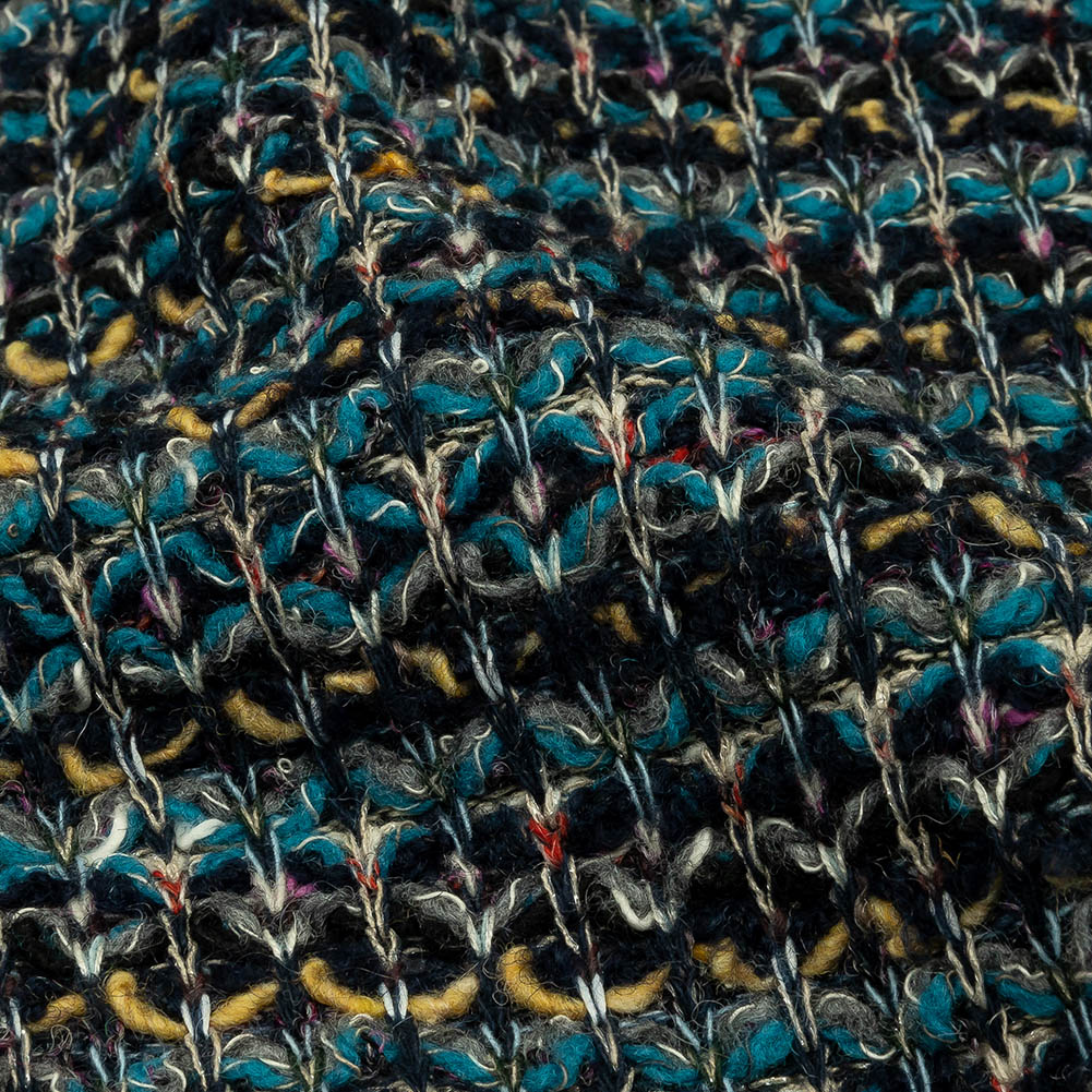 Teal, Yellow and Navy Boucle Stripes Chunky Wool Blend Sweater Knit