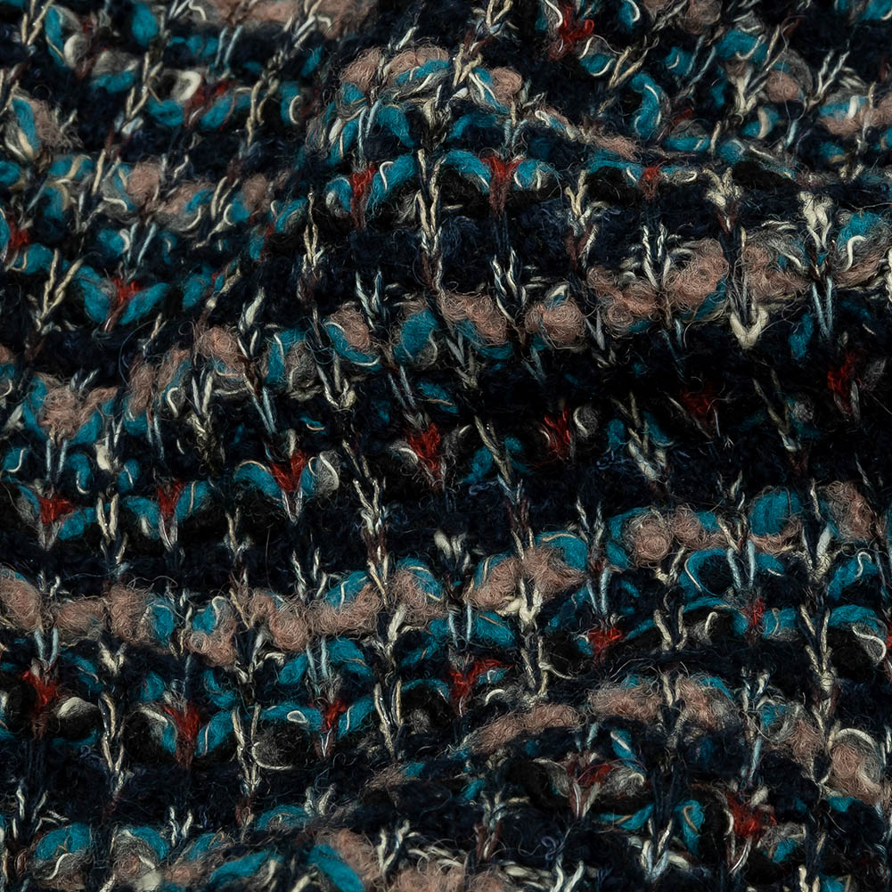 Pinkish Beige, Navy and Sea Blue Striped Chunky Wool Blend Boucle Sweater Knit