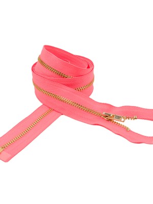 Neon Coral and Gold T3 Open End Metal Zipper – 36″ Neon Coral and Gold T3 Open End Metal Zipper – 36″