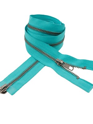 Turquoise and Matte Gunmetal T5 Open End Metal Zipper with Two Pulls – 36″ Turquoise and Matte Gunmetal T5 Open End Metal Zipper with Two Pulls – 36″