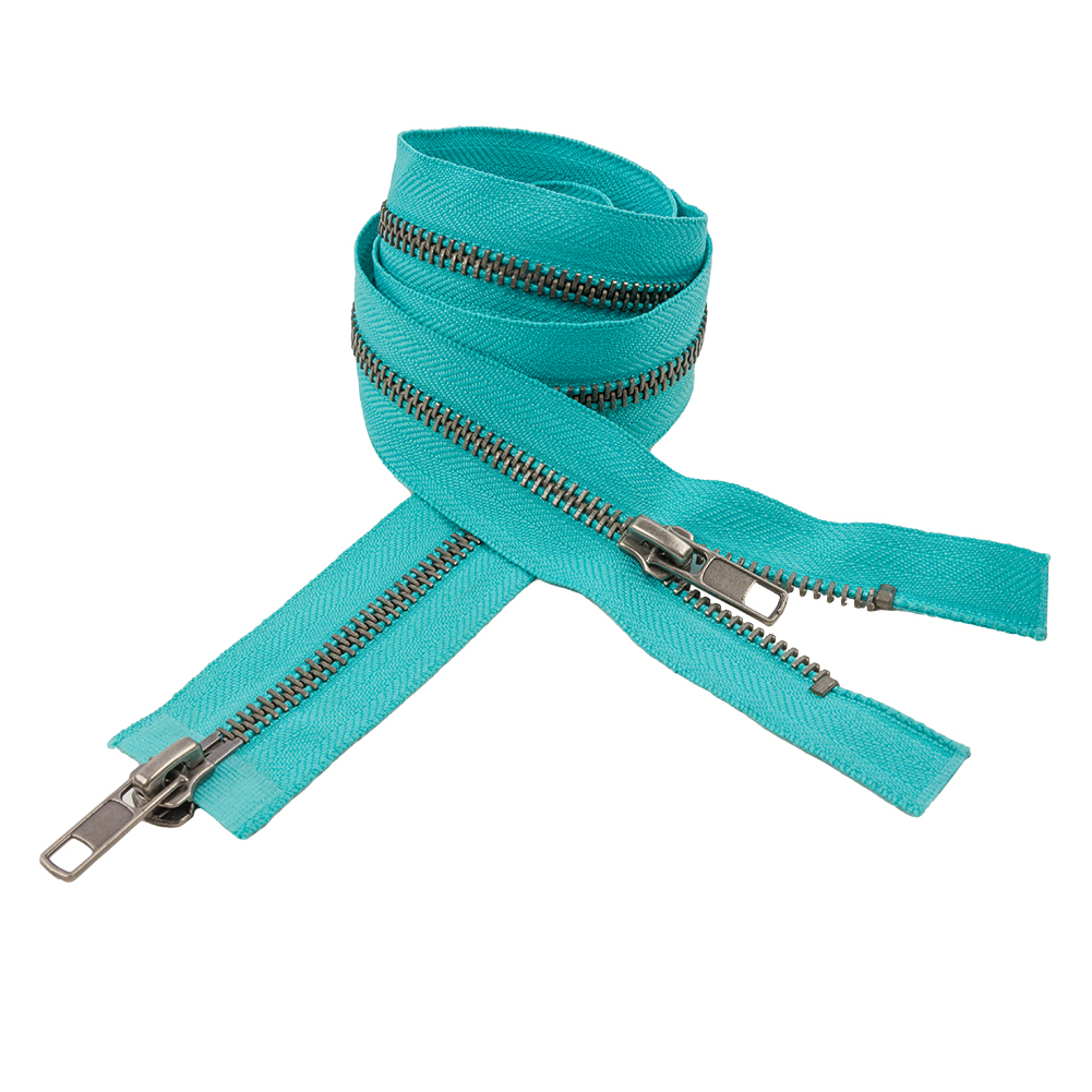 Turquoise and Matte Gunmetal T5 Open End Metal Zipper with Two Pulls – 36″ Turquoise and Matte Gunmetal T5 Open End Metal Zipper with Two Pulls – 36″