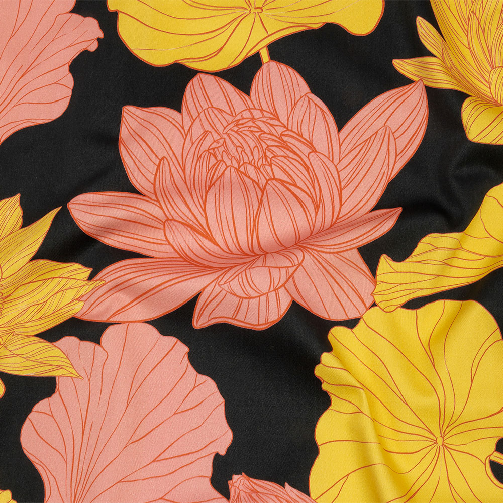 Stretch Cotton Sateen – Black, Pink and Yellow Floral – Valley of Lilies Print – Mood Exclusive Groove Collection Stretch Cotton Sateen – Black, Pink and Yellow Floral – Valley of Lilies Print – Mood Exclusive Groove Collection