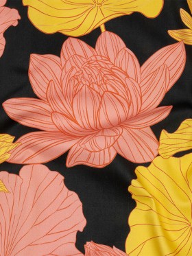 Stretch Cotton Sateen – Black, Pink and Yellow Floral – Valley of Lilies Print – Mood Exclusive Groove Collection Stretch Cotton Sateen – Black, Pink and Yellow Floral – Valley of Lilies Print – Mood Exclusive Groove Collection