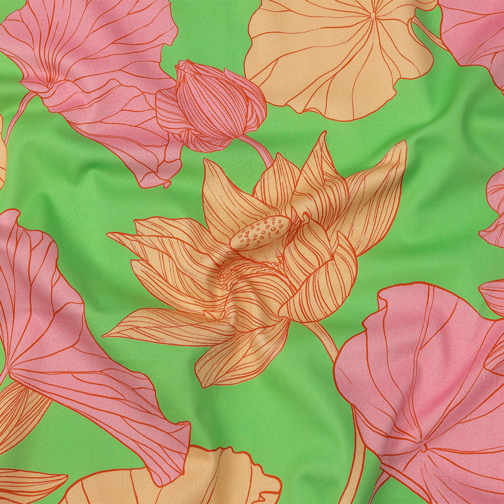 Stretch Cotton Sateen – Lime, Pink and Orange Floral – Valley of Lilies Print – Mood Exclusive Groove Collection Stretch Cotton Sateen – Lime, Pink and Orange Floral – Valley of Lilies Print – Mood Exclusive Groove Collection