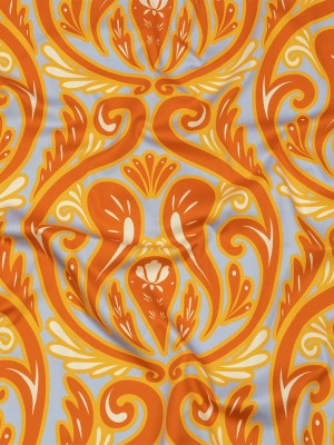Stretch Cotton Sateen – Orange Ornamental Paisleys – Vacation Vibrations Print – Mood Exclusive Groove Collection Stretch Cotton Sateen – Orange Ornamental Paisleys – Vacation Vibrations Print – Mood Exclusive Groove Collection