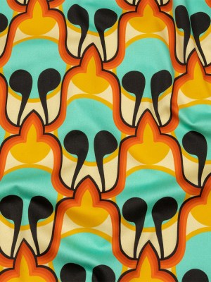 Stretch Cotton Sateen – Blue and Orange Abstract – Bohemian Bells Print – Mood Exclusive Groove Collection Stretch Cotton Sateen – Blue and Orange Abstract – Bohemian Bells Print – Mood Exclusive Groove Collection