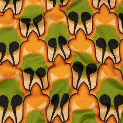 Stretch Cotton Sateen – Green and Orange Abstract – Bohemian Bells Print – Mood Exclusive Groove Collection Stretch Cotton Sateen – Green and Orange Abstract – Bohemian Bells Print – Mood Exclusive Groove Collection