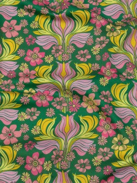 Stretch Cotton Sateen – Green Floral Rows – Flower Shower Print – Mood Exclusive Groove Collection Stretch Cotton Sateen – Green Floral Rows – Flower Shower Print – Mood Exclusive Groove Collection