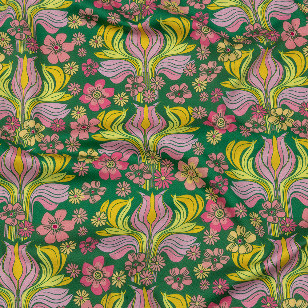 Stretch Cotton Sateen – Green Floral Rows – Flower Shower Print – Mood Exclusive Groove Collection Stretch Cotton Sateen – Green Floral Rows – Flower Shower Print – Mood Exclusive Groove Collection