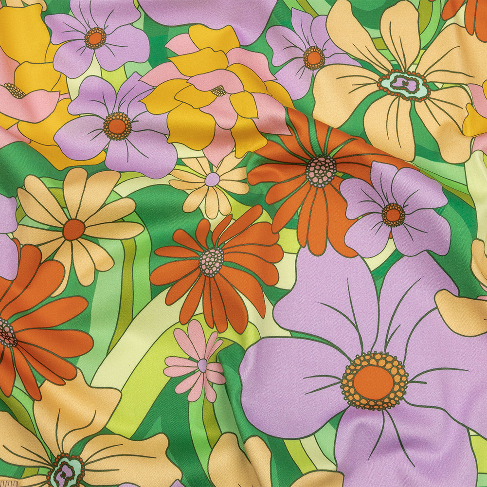 Stretch Cotton Sateen – Green, Purple and Orange Floral – Fanciful Flourish Print – Mood Exclusive Groove Collection Stretch Cotton Sateen – Green, Purple and Orange Floral – Fanciful Flourish Print – Mood Exclusive Groove Collection