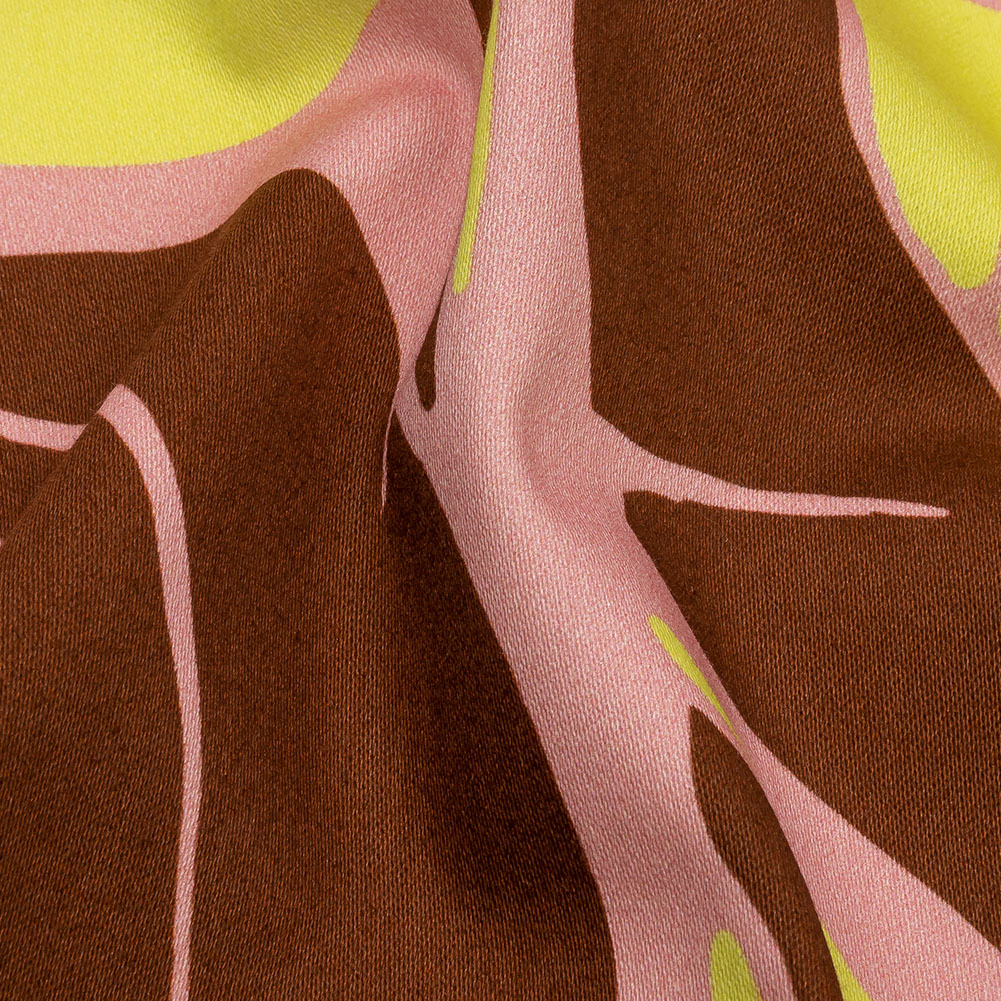 Stretch Cotton Sateen – Pink and Yellow Leaves – Flying Swirls Print – Mood Exclusive Groove Collection Stretch Cotton Sateen – Pink and Yellow Leaves – Flying Swirls Print – Mood Exclusive Groove Collection