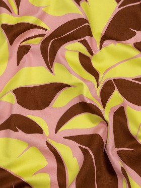Stretch Cotton Sateen – Pink and Yellow Leaves – Flying Swirls Print – Mood Exclusive Groove Collection Stretch Cotton Sateen – Pink and Yellow Leaves – Flying Swirls Print – Mood Exclusive Groove Collection