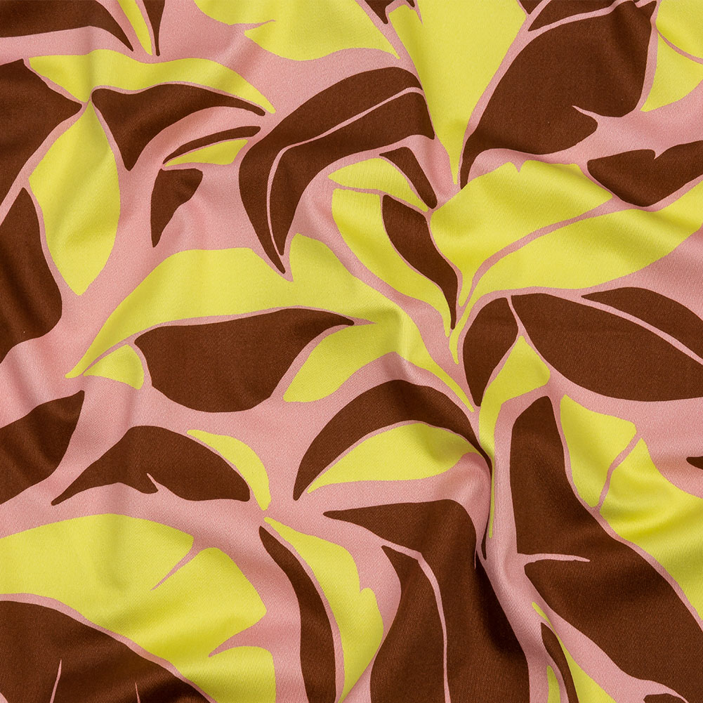 Stretch Cotton Sateen – Pink and Yellow Leaves – Flying Swirls Print – Mood Exclusive Groove Collection Stretch Cotton Sateen – Pink and Yellow Leaves – Flying Swirls Print – Mood Exclusive Groove Collection