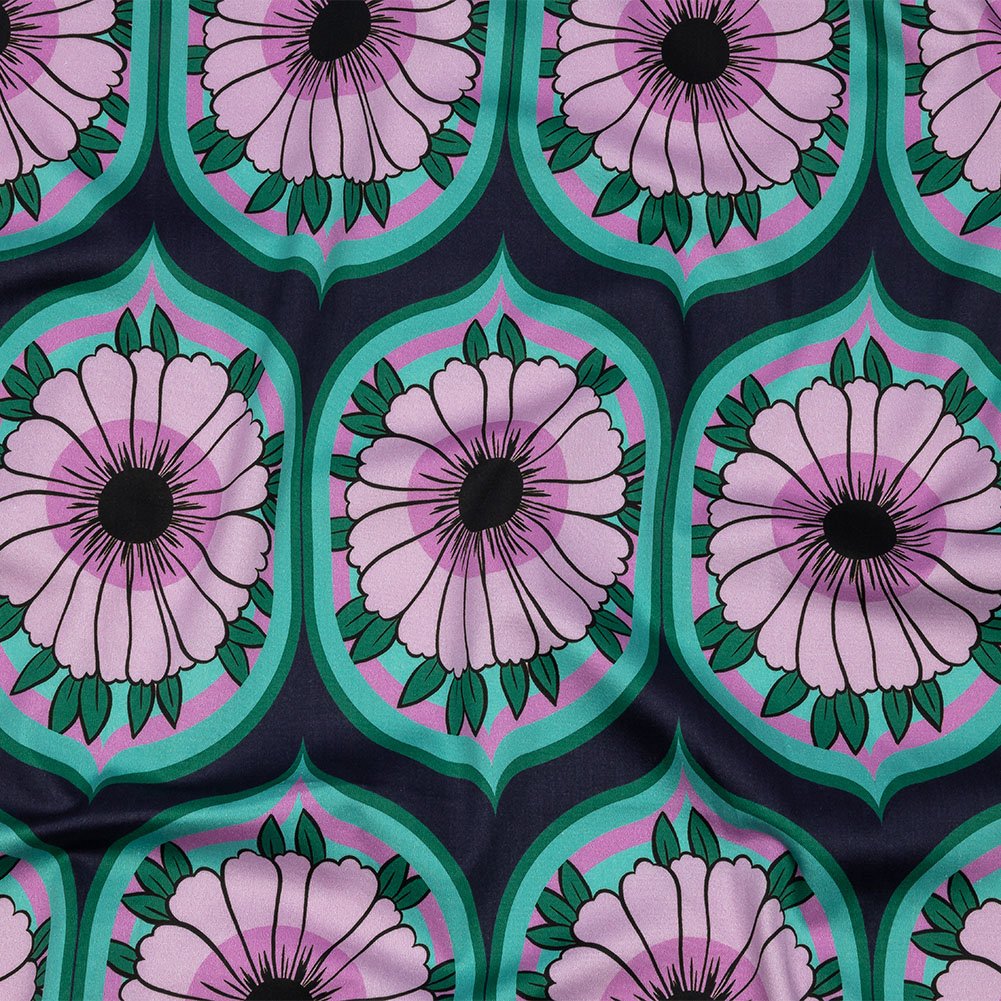 Stretch Cotton Sateen – Lavender and Teal Floral Ogees – Sunrise Divine Print – Mood Exclusive Groove Collection Stretch Cotton Sateen – Lavender and Teal Floral Ogees – Sunrise Divine Print – Mood Exclusive Groove Collection