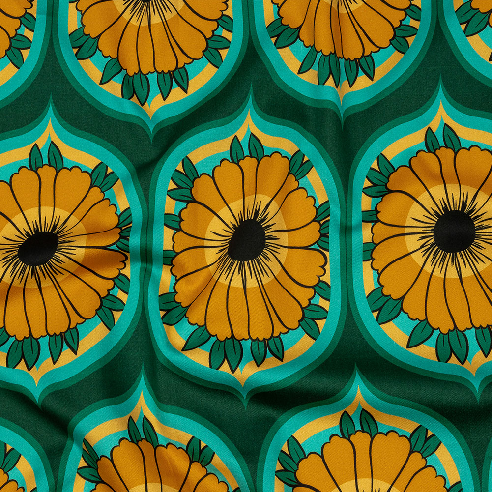 Stretch Cotton Sateen – Yellow and Teal Floral Ogees – Sunrise Divine Print – Mood Exclusive Groove Collection Stretch Cotton Sateen – Yellow and Teal Floral Ogees – Sunrise Divine Print – Mood Exclusive Groove Collection