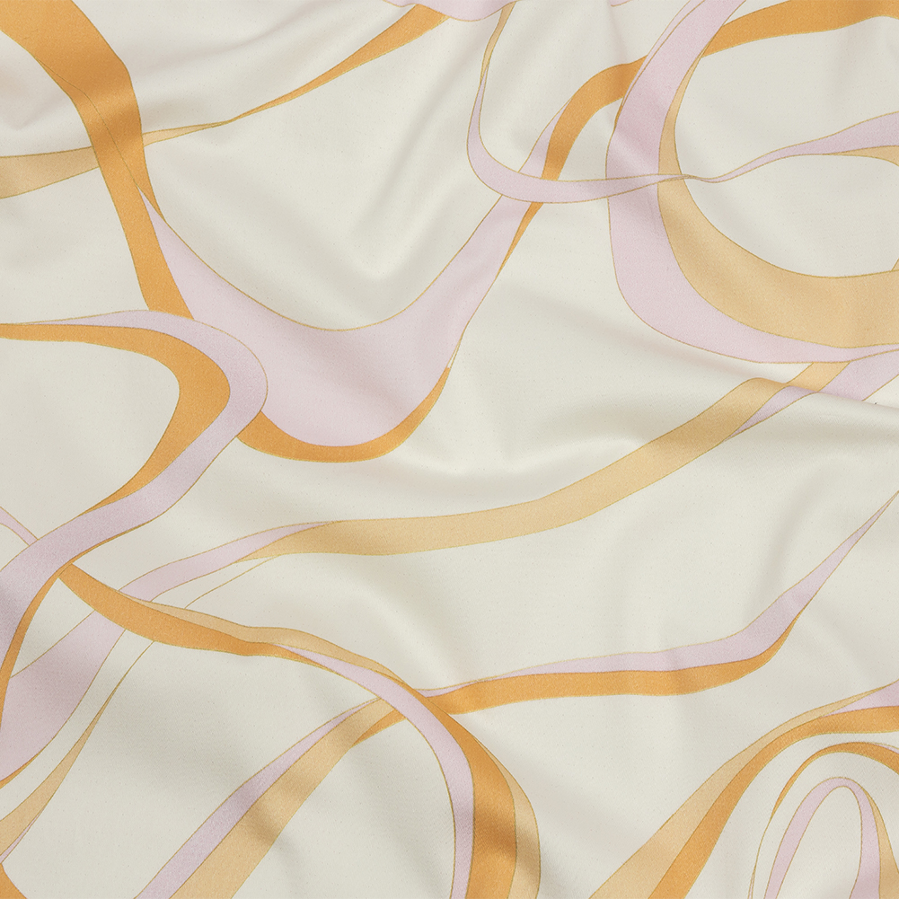 Stretch Cotton Sateen – White, Orange and Lavender Ribbons – Free Spirit Print – Mood Exclusive Groove Collection Stretch Cotton Sateen – White, Orange and Lavender Ribbons – Free Spirit Print – Mood Exclusive Groove Collection