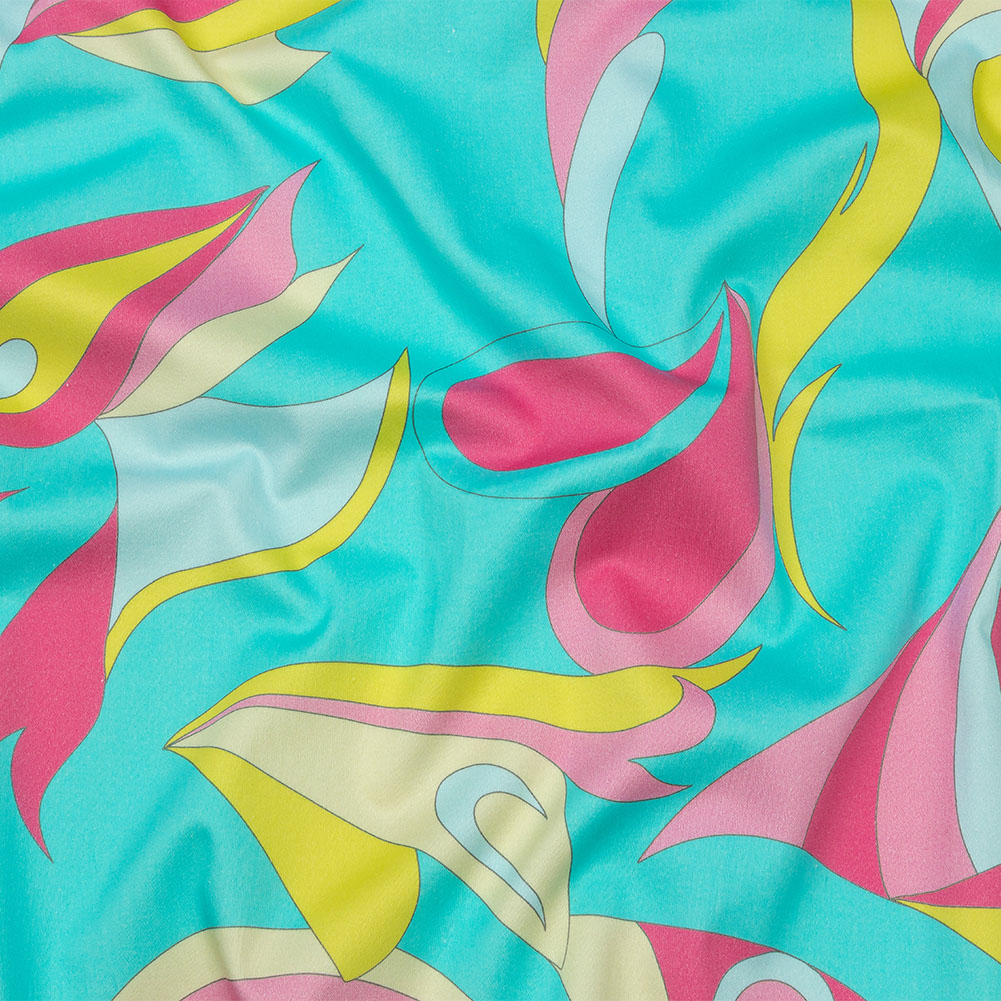 Stretch Cotton Sateen – Turquoise, Pink and Yellow Abstract Paisley – Free Falling Print – Mood Exclusive Groove Collection Stretch Cotton Sateen – Turquoise, Pink and Yellow Abstract Paisley – Free Falling Print – Mood Exclusive Groove Collection