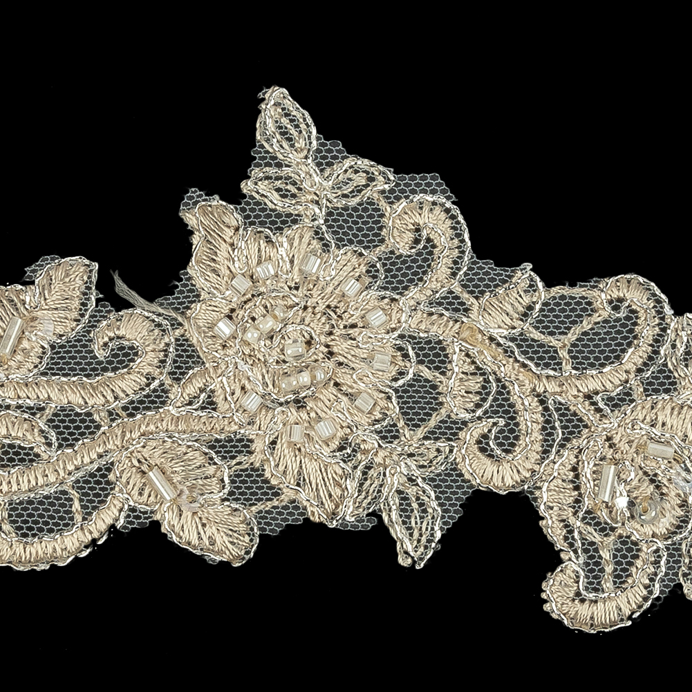 Light Champagne Floral Beaded Bridal Lace Trim with Silver Cording - 2.5"