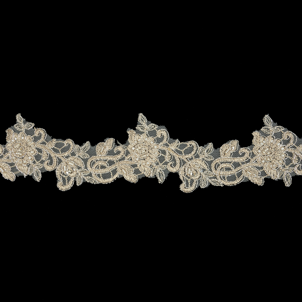 Light Champagne Floral Beaded Bridal Lace Trim with Silver Cording – 2.5″ Light Champagne Floral Beaded Bridal Lace Trim with Silver Cording – 2.5″