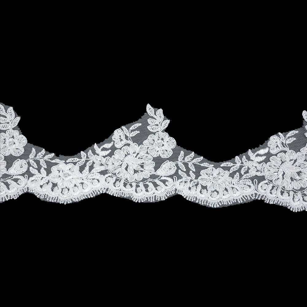 White Scalloped Floral Beaded and Corded Bridal Lace Trim – 3.5″ White Scalloped Floral Beaded and Corded Bridal Lace Trim – 3.5″