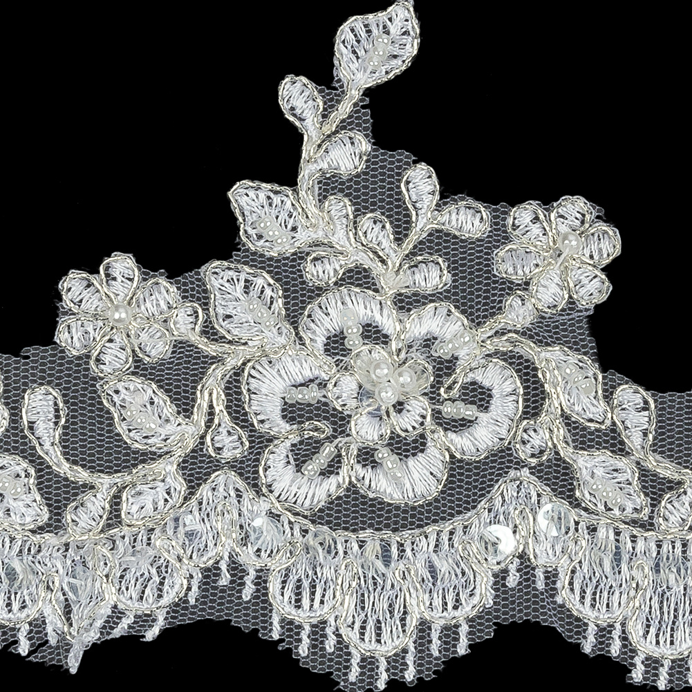 White and Metallic Silver Floral and Fringed Scallops Corded Bridal Lace Trim with Faux Pearl Beads – 3.5″ White and Metallic Silver Floral and Fringed Scallops Corded Bridal Lace Trim with Faux Pearl Beads – 3.5″