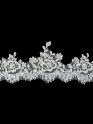 White and Metallic Silver Floral and Fringed Scallops Corded Bridal Lace Trim with Faux Pearl Beads – 3.5″ White and Metallic Silver Floral and Fringed Scallops Corded Bridal Lace Trim with Faux Pearl Beads – 3.5″