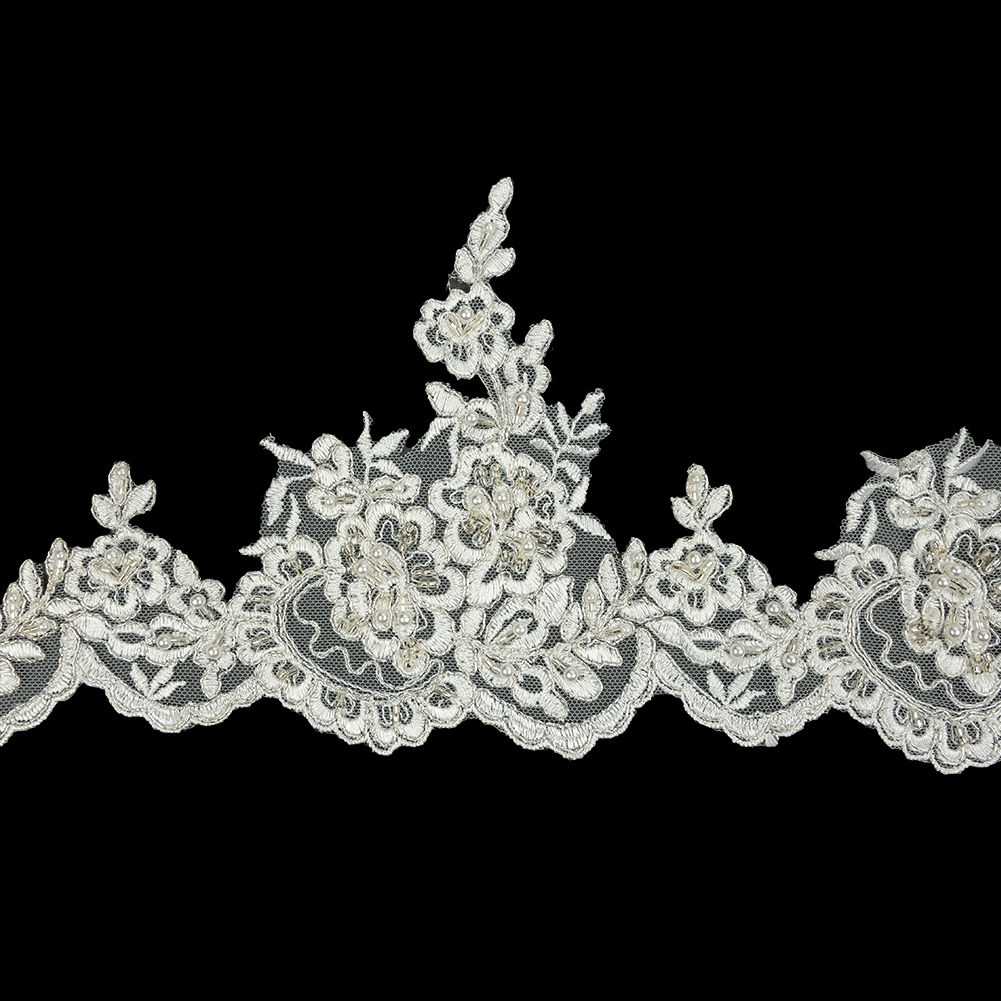 Off White and Silver Floral Scalloped Beaded and Corded Bridal Lace Trim – 5.5″ Off White and Silver Floral Scalloped Beaded and Corded Bridal Lace Trim – 5.5″