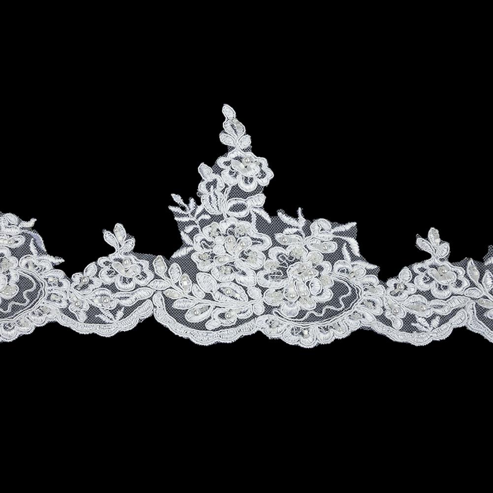 White Floral Scalloped Beaded and Corded Bridal Lace Trim – 5.5″ White Floral Scalloped Beaded and Corded Bridal Lace Trim – 5.5″